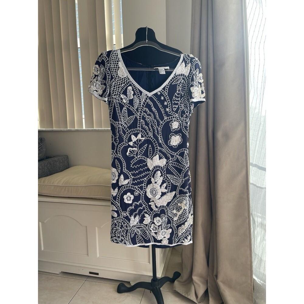 Vintage AJ Bari 100% silk White Pearl Beaded embellished Blue dress 8